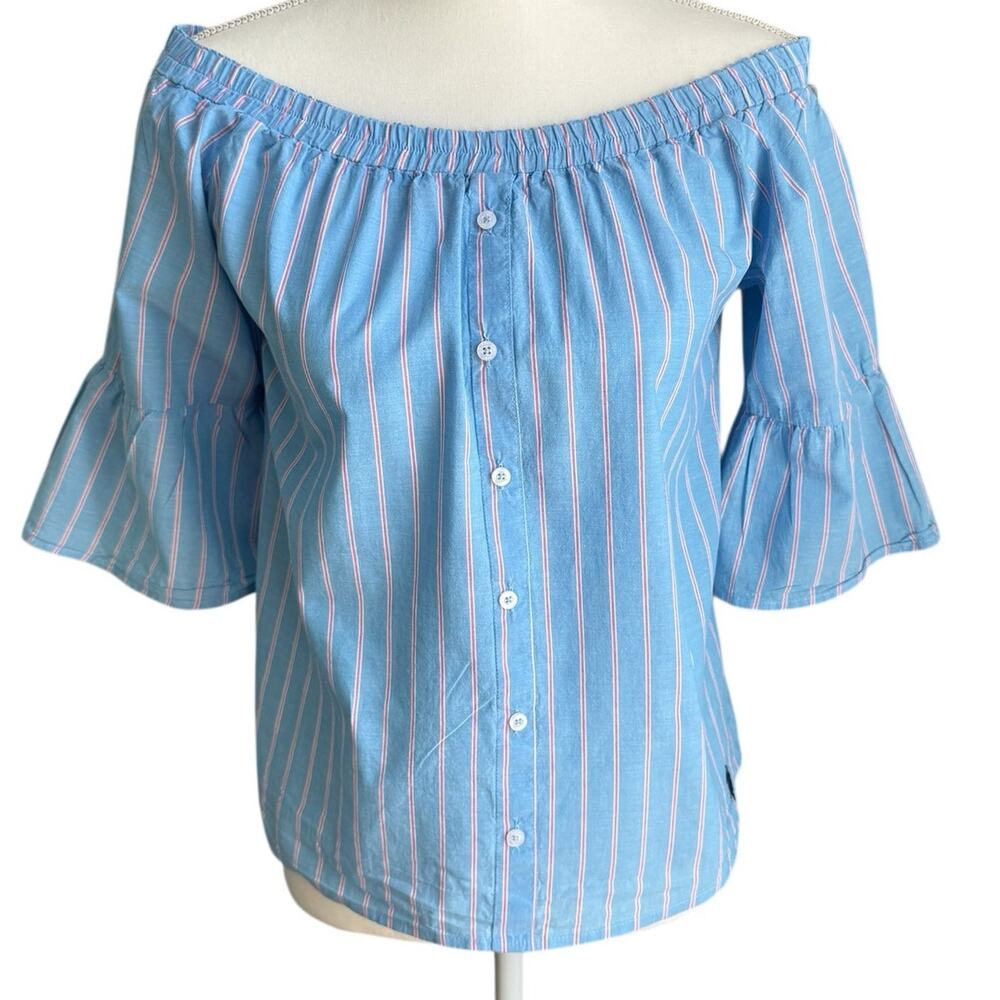 U.S. POLO ASSN Off Shoulder Top S Blue Pink Striped Bell Sleeve Cotton Preppy